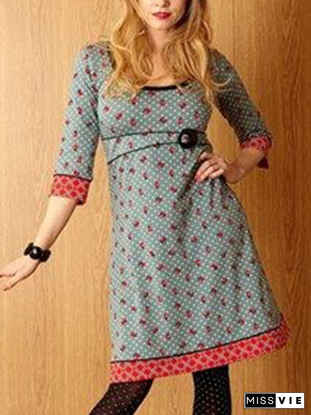 Vintage Plus Size Long Sleeve Printed Casual Knitting Dress