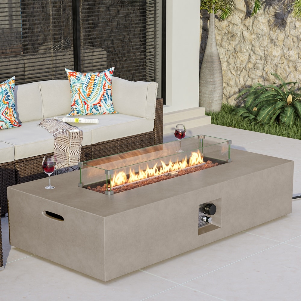 COSIEST Outdoor Patio Propane Rectangular Fire Pit Table w/ Wind Guard