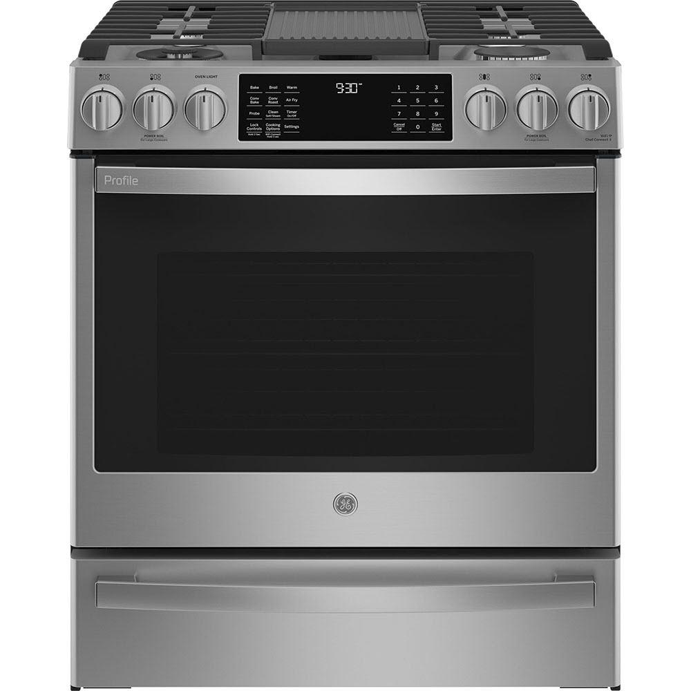 GE Profile 30-in Slide-in Dual Fuel Range with No Preheat Air fry Technology PC2S930YPFS