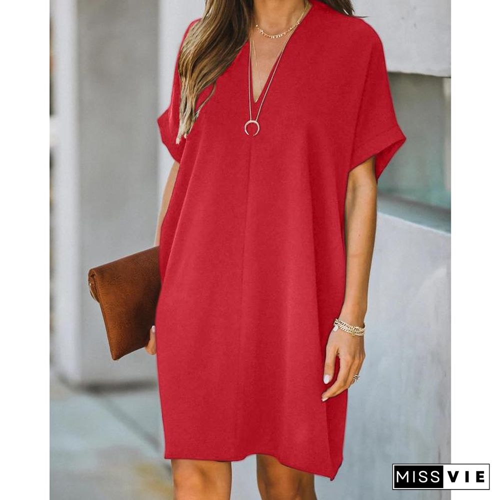 Women's V-neck Short Sleeve Solid Color Loose Dress Black Dresses