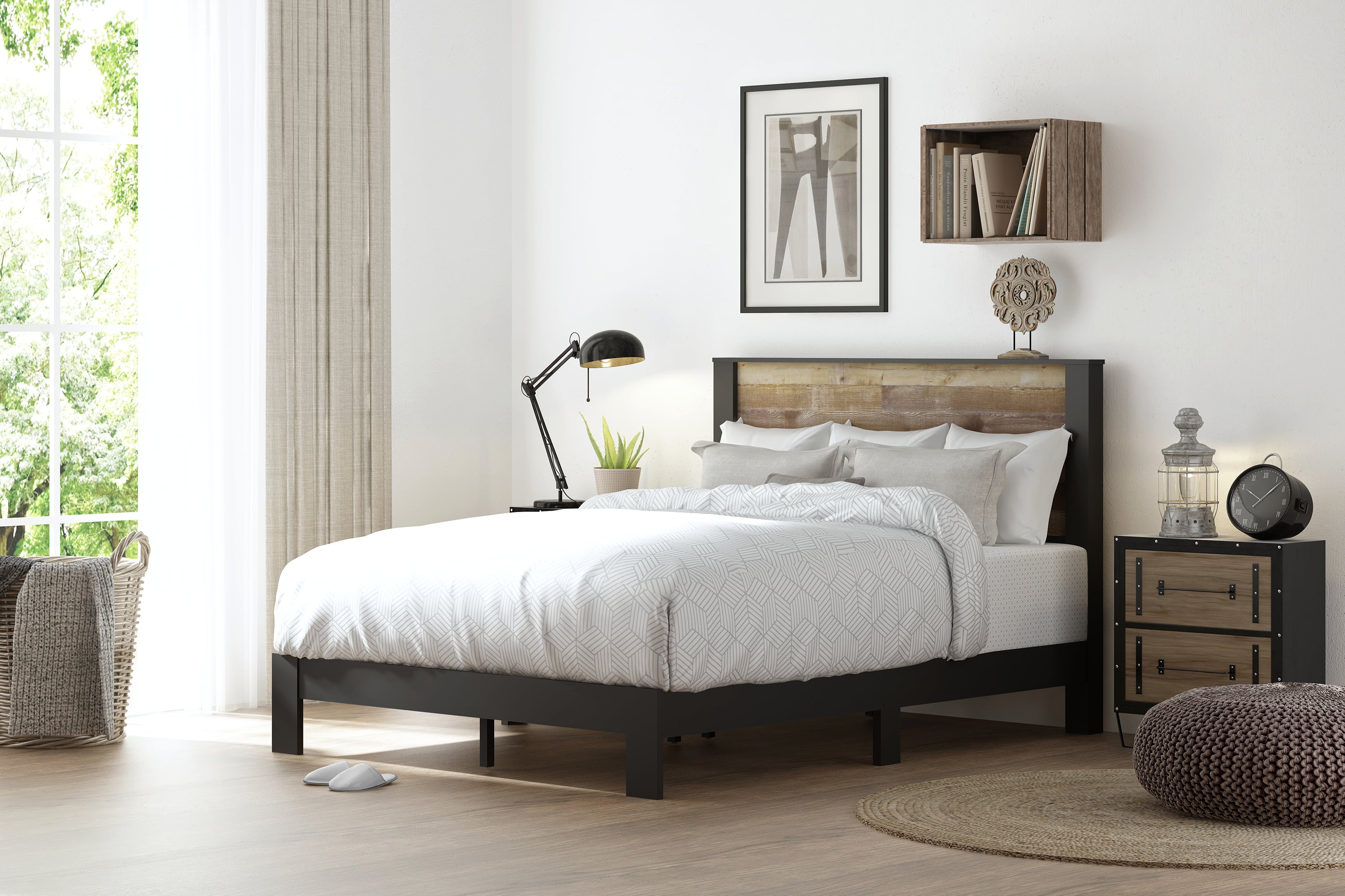 Bezza Panel Queen Platform Bed, Knotty Oak and Black Matte