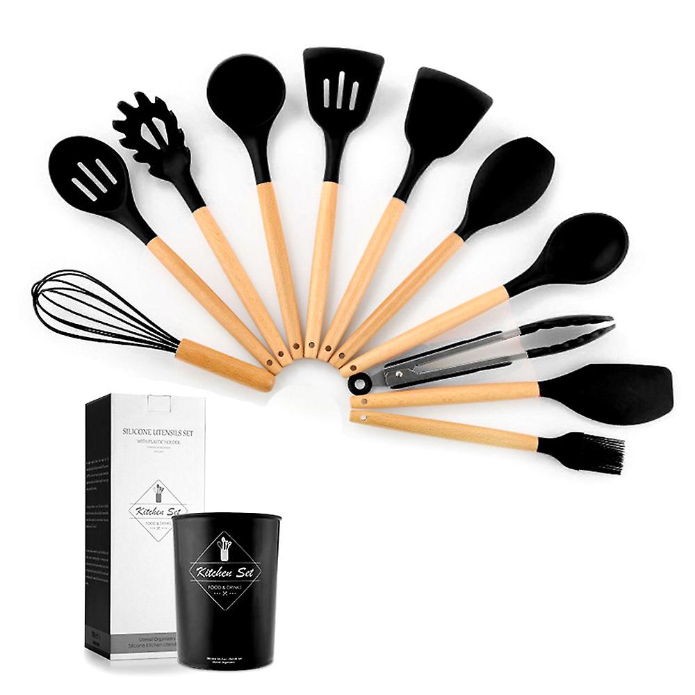 Wooden Handle Silicone Kitchenware 11-piece Set Nine-color Optional Black Dark Blue