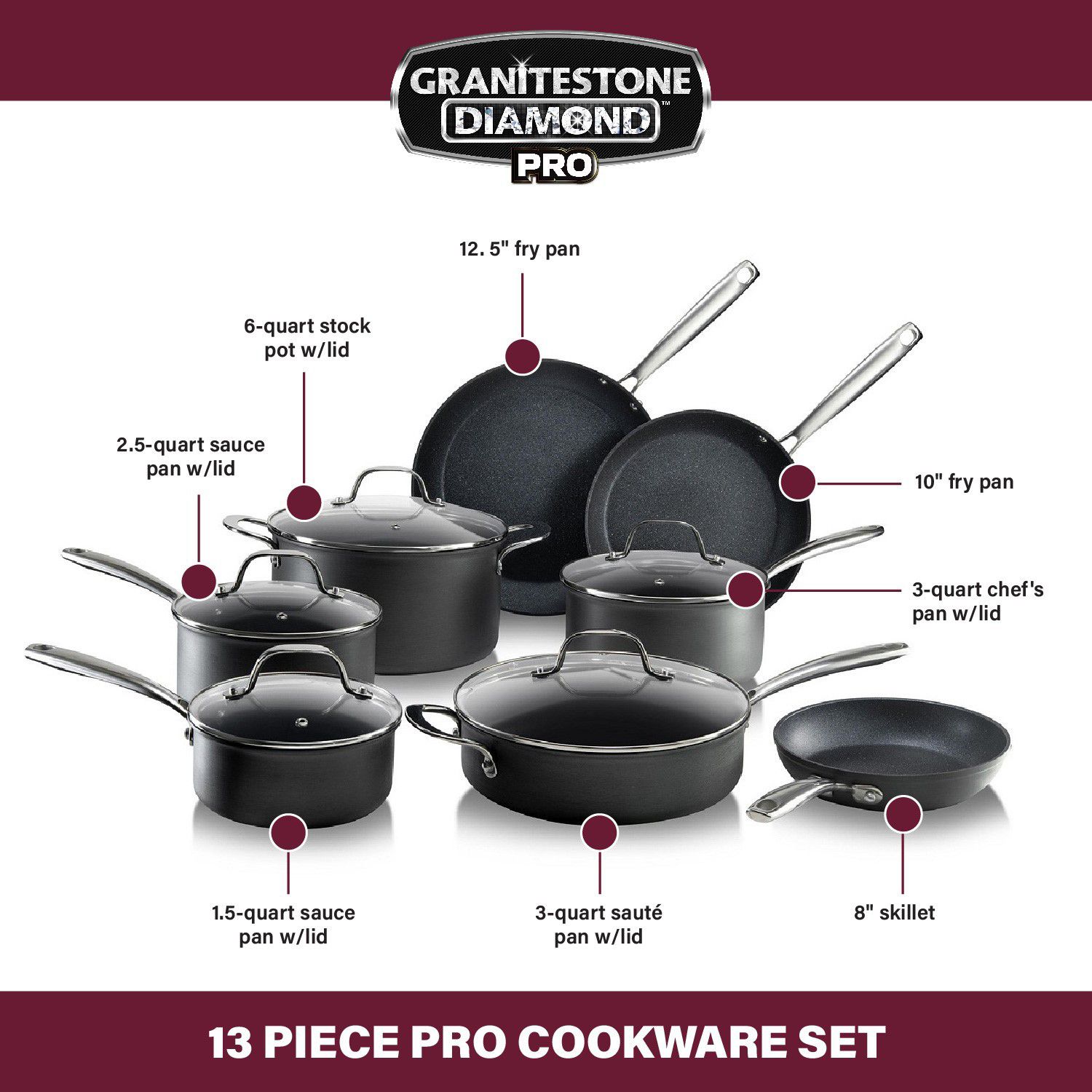 Granite Stone Diamond Professional 13-pc. Hard-Anodized Ultimate Nonstick Premium Cookware Set