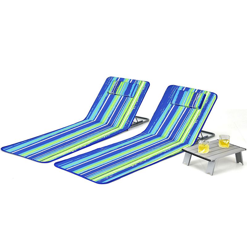 3 Pieces Beach Lounge Chair Mat Set 2 Adjustable Lounge Chairs with Table Stripe