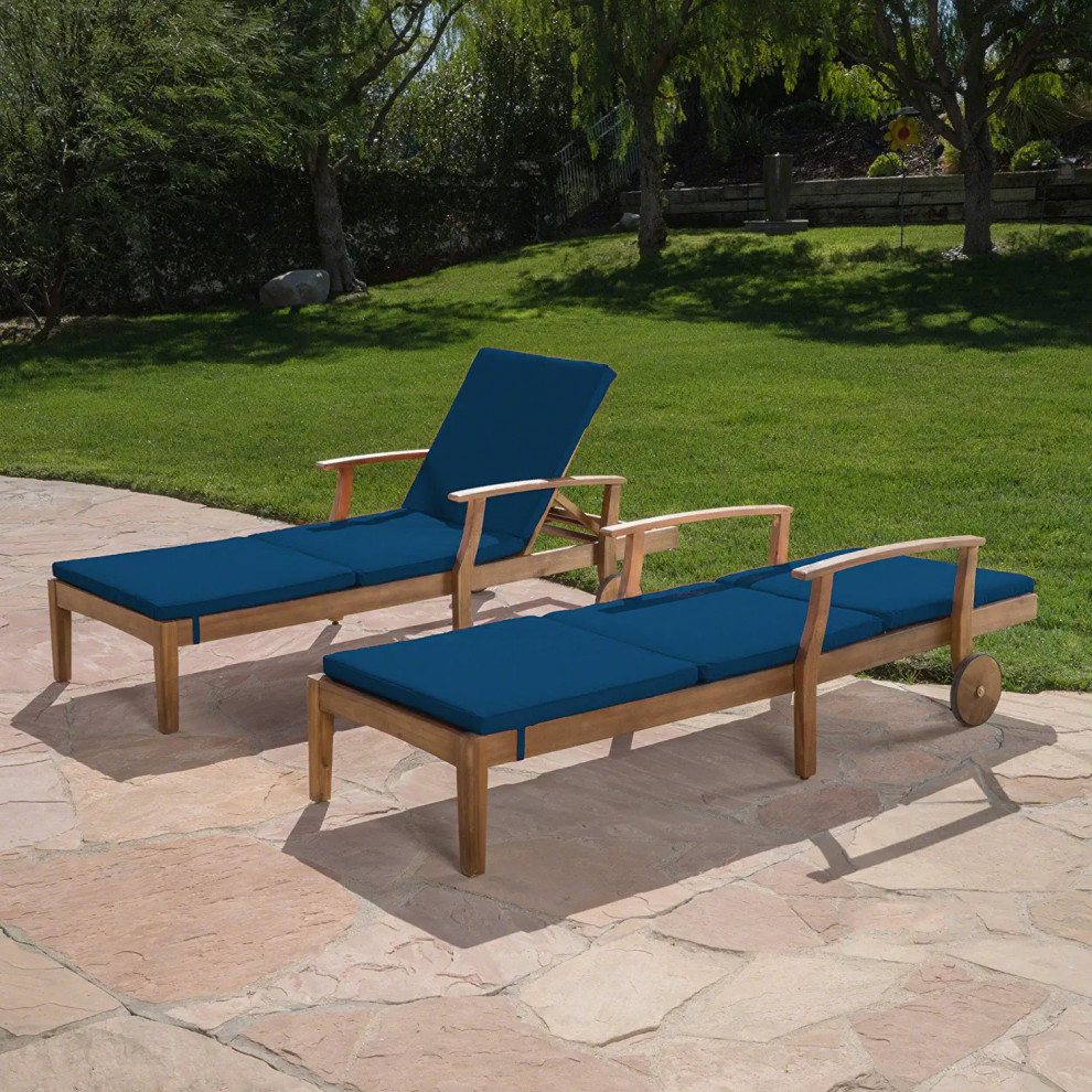 Set of 2 Patio Chaise Lounge  Teak Finished Frame  ampWater Resistant Blue Cushion   Contemporary   Indoor Chaise Lounge Chairs   by Decor Love  Houzz