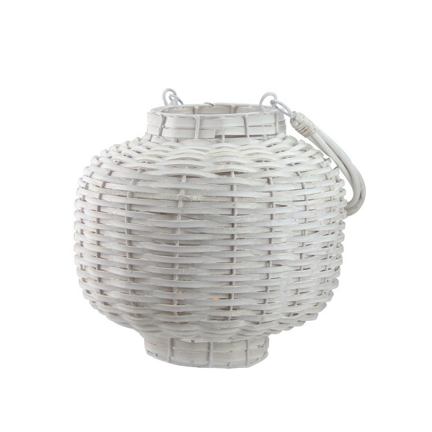 Beach Day Weathered White Woven Wood Pillar Candle Lantern