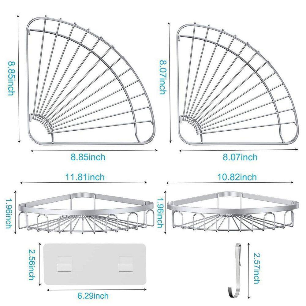 Dracelo 2-Pack Silver Adhesive Stainless Steel Corner Shower Caddy Storage Shelf with 4 Hooks B08HH1XFHR