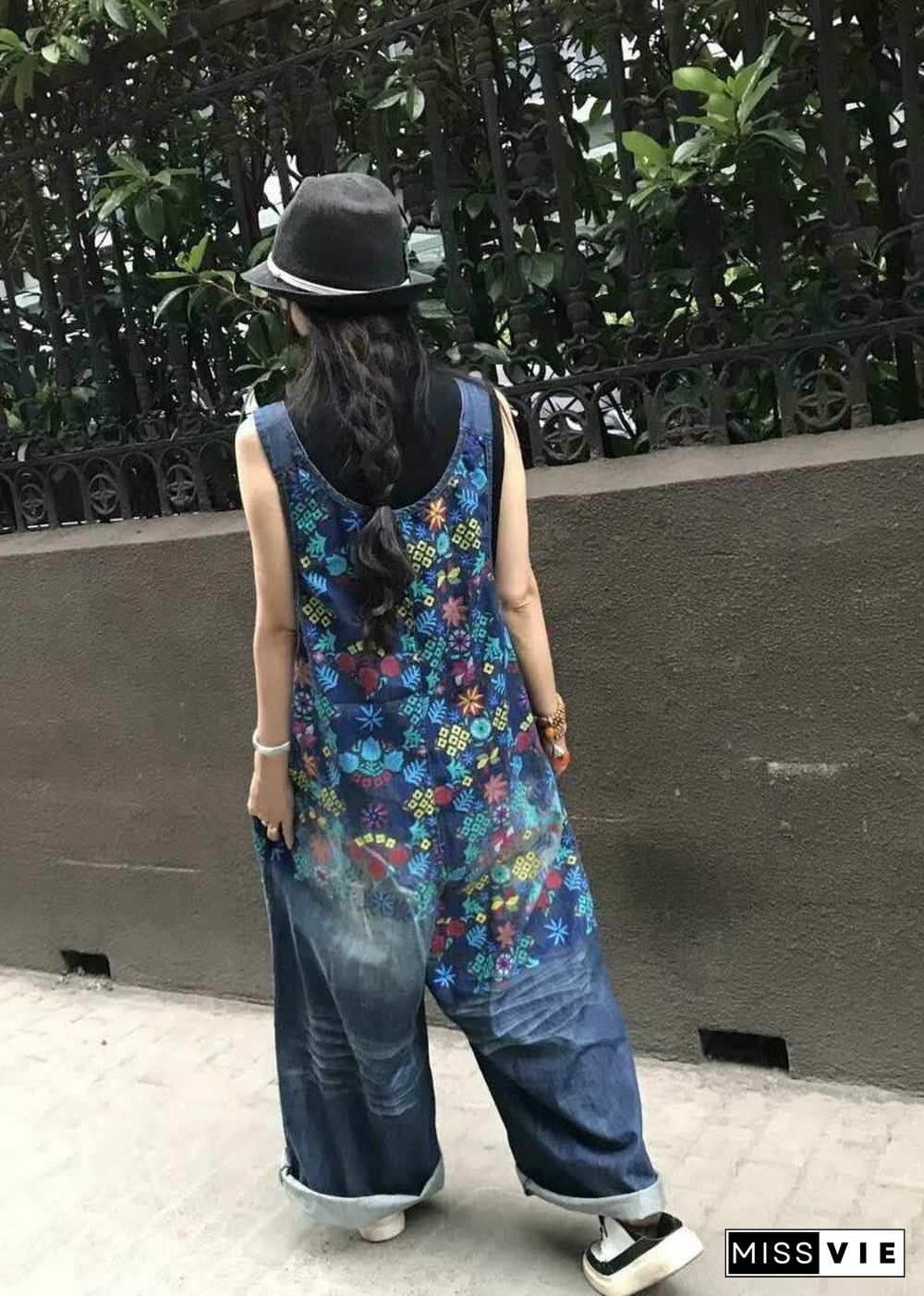 Boutique Print Blue Jeans Overall Jumpsuit