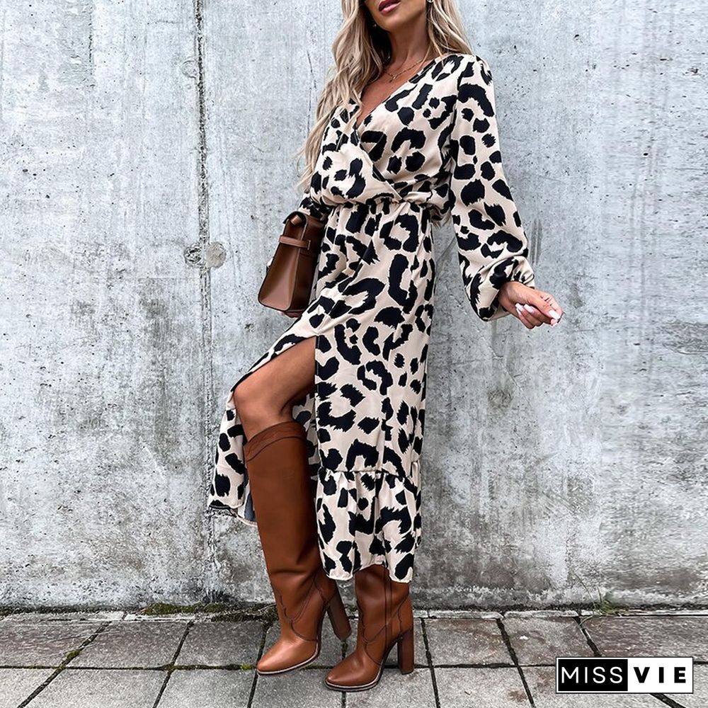 Fashion Leopard Printed Split Long Dress Autumn Casual Long Sleeve Bohe Beach Dress Spring Women Sexy V-neck Ruffle Cover Up