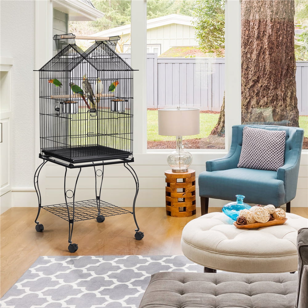 Topeakmart 57''H Open Top Metal Parrot Cage Rolling Birdcage with Perches， Black