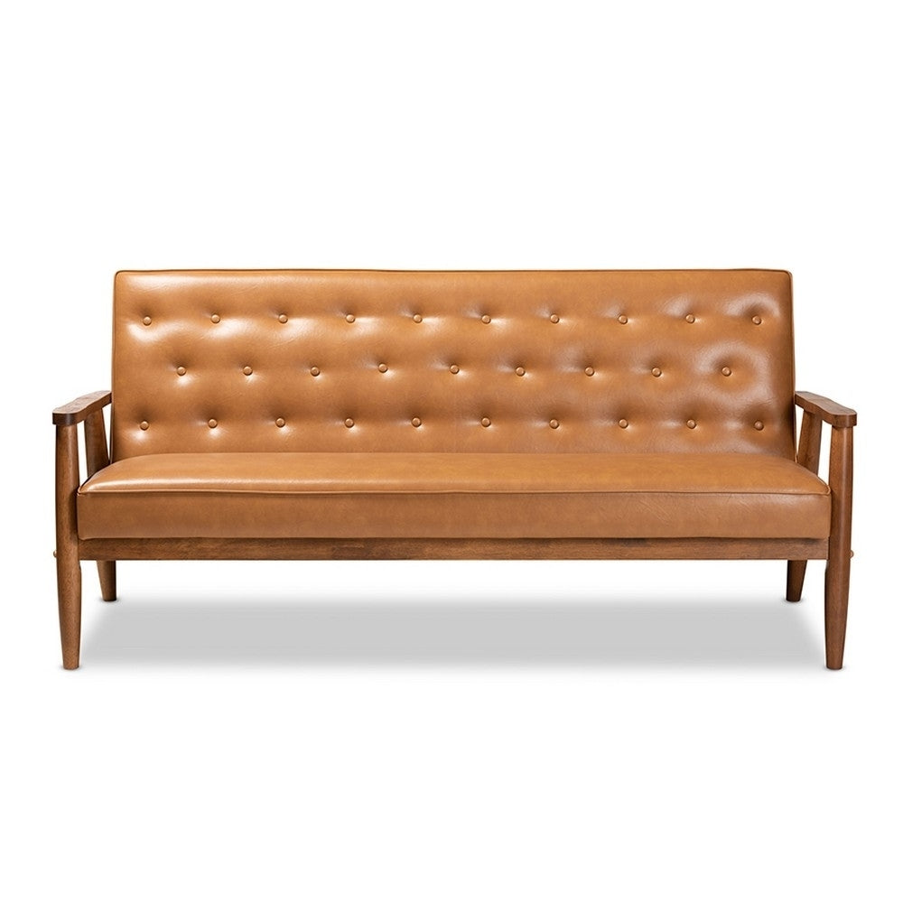 Sorrento Mid-Century Modern Tan Faux Leather Upholstered and Walnut Brown Finished Wood Sofa