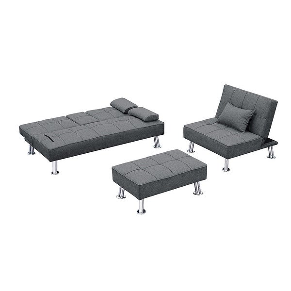 3 pcs Fabric Folding Sofa Set with Loveseat with 2 cup holder，Single Sofa Bed and Ottoman