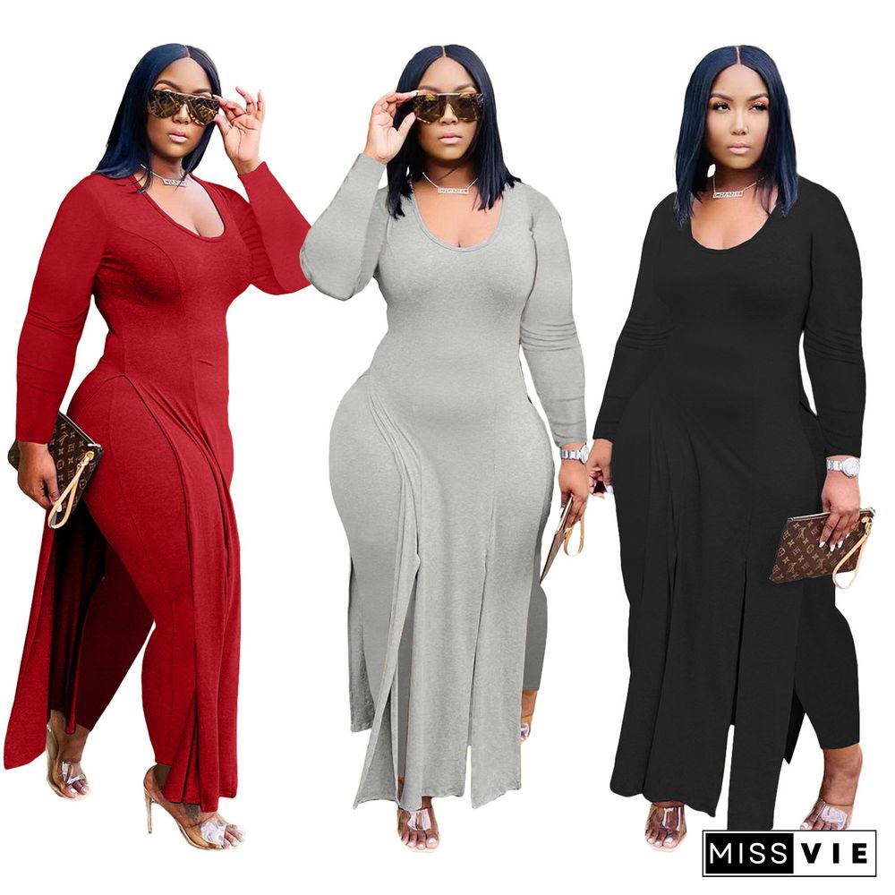 Long Sleeve High Slit X-long Tee Top Pant Set