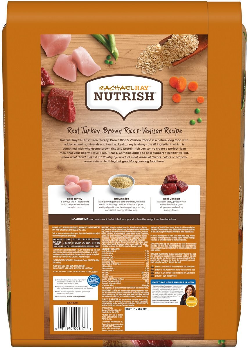 Rachael Ray Nutrish Real Turkey， Brown Rice and Venison Recipe Dry Dog Food