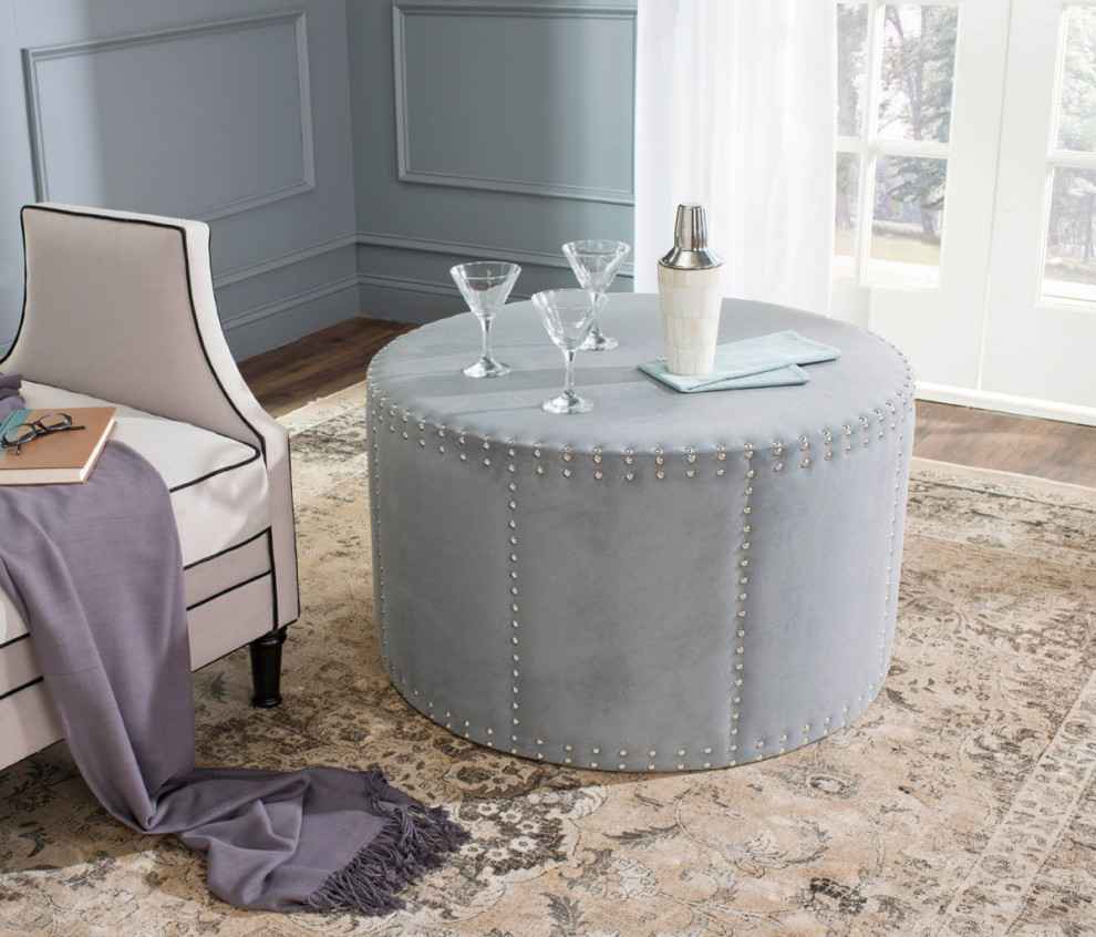 Foster Ottoman Brass Nail Heads Grey   Transitional   Footstools And Ottomans   by Peachtree Fine Furniture  Houzz