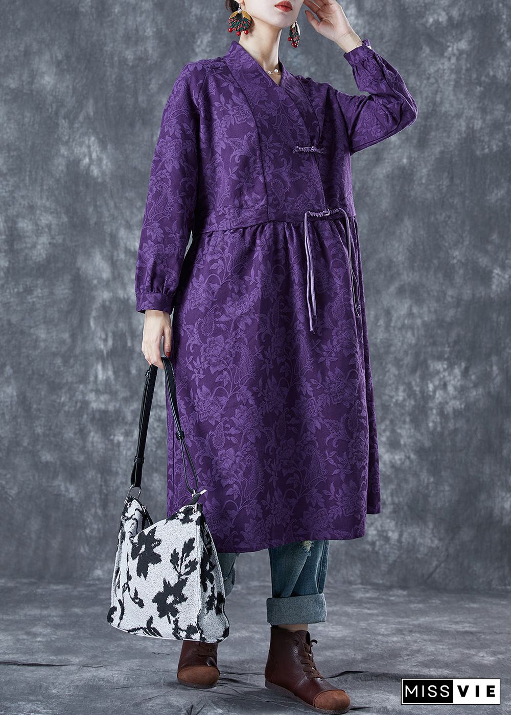 Chinese Style Purple Stand Collar Jacquard Linen Maxi Dresses Spring