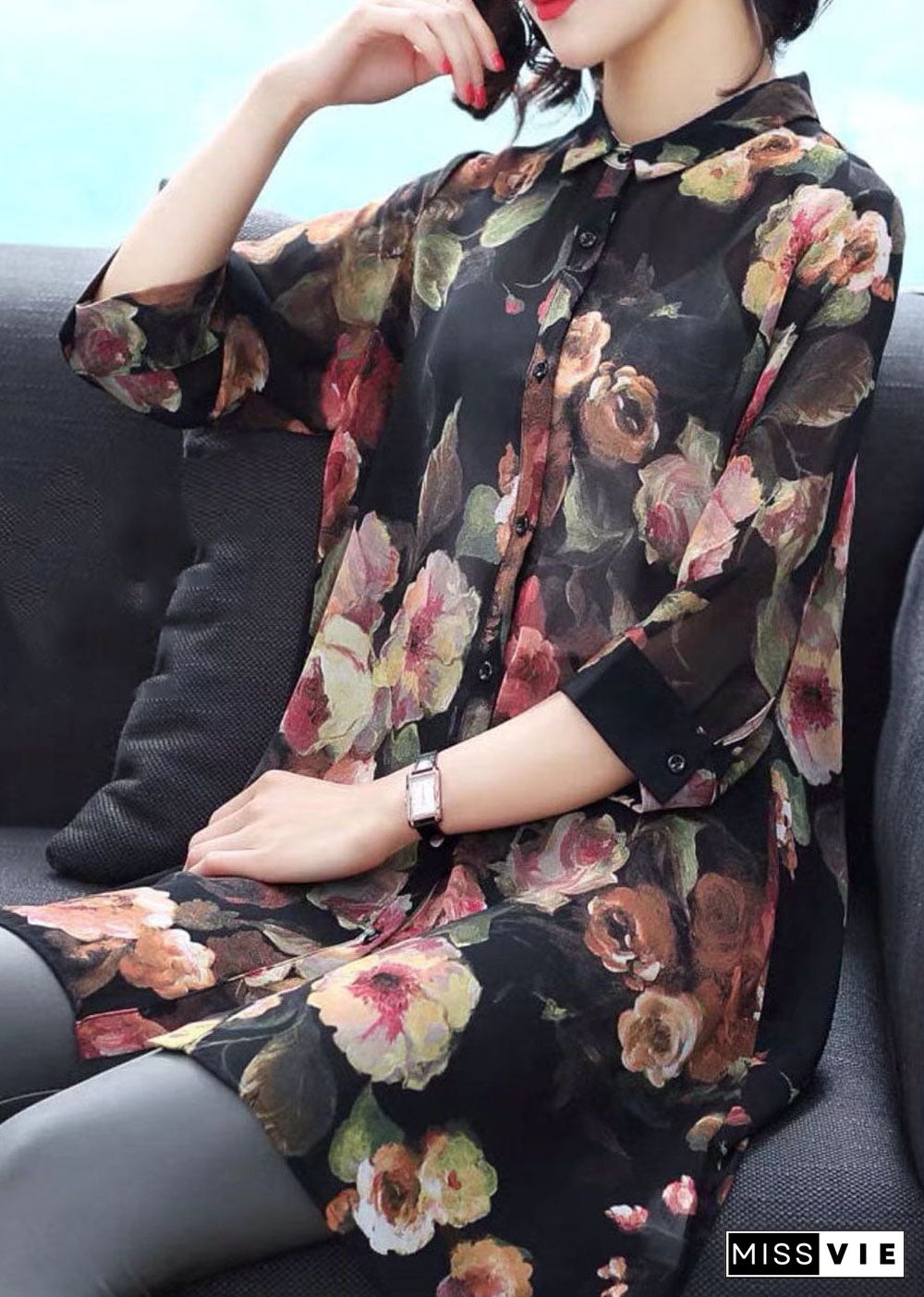 Black Print Chiffon Long Shirt Turn-down Collar Button Bracelet Sleeve