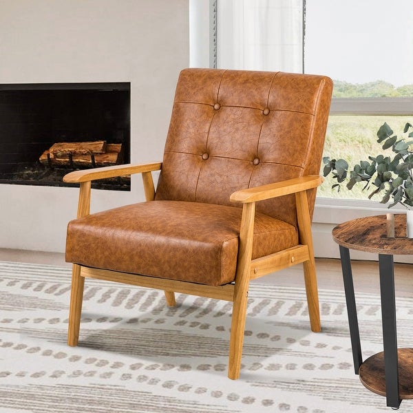 Brown Leather Accent Chair with Solid Wood Legs - Upholstered Lounge Arm Chairs