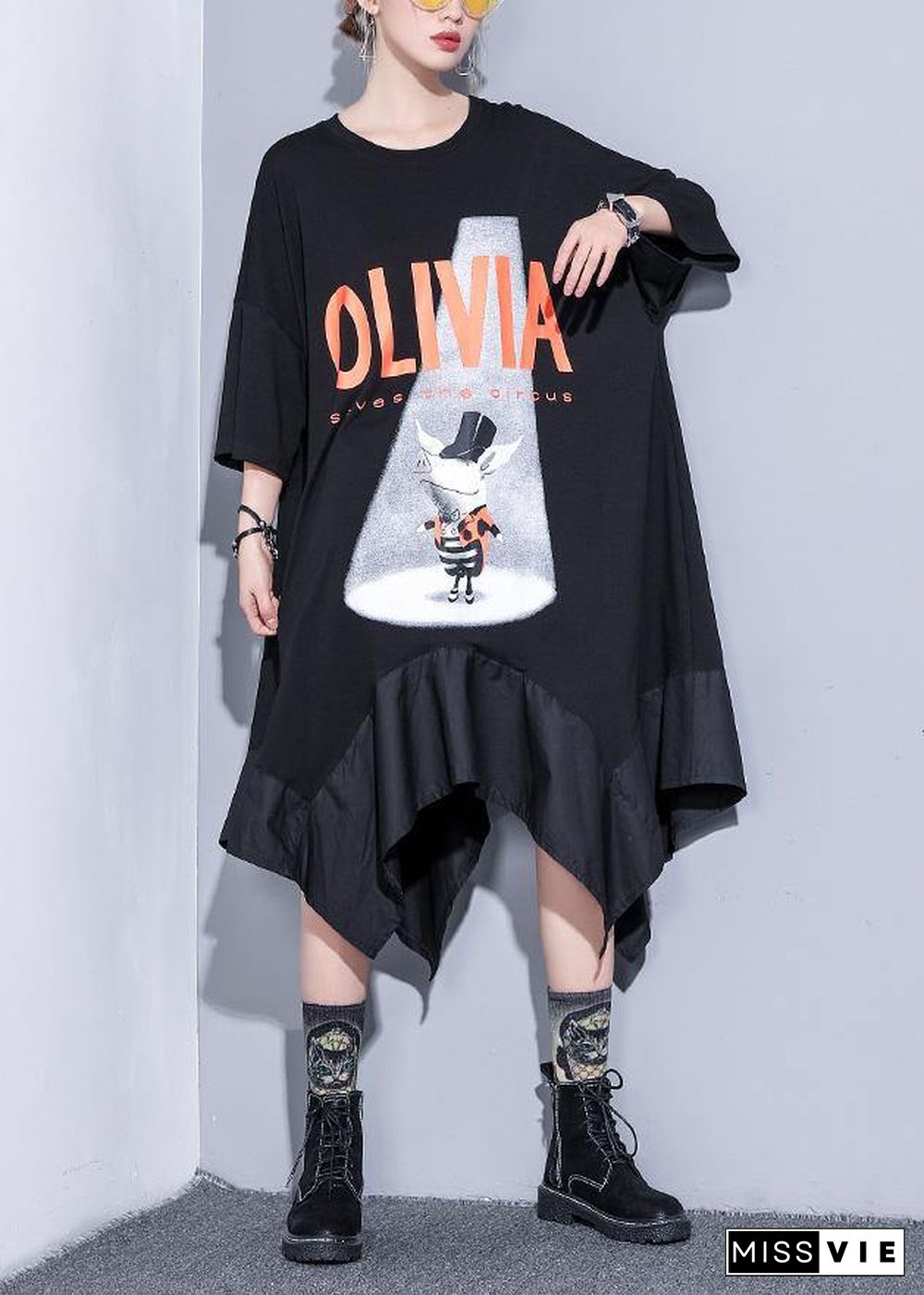 French black prints cotton clothes asymmetric hem Robe summer Dress