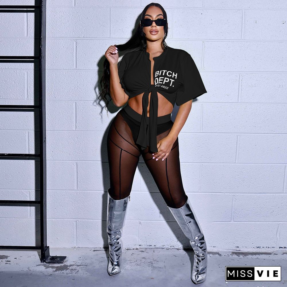 Y2K Sexy Lace Up T-shirts Mesh Pants 2 Piece Set