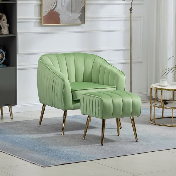 Velvet Accent Chair with Ottoman， Modern Tufted Barrel Chair Ottoman Set for Living Room Bedroom