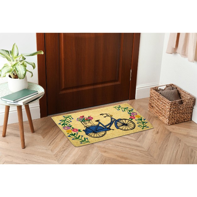 Blue Bicycle Bright Flowers Rectangle Indoor And Outdoor Coir Door Welcome Mat Multicolored On Beige Background