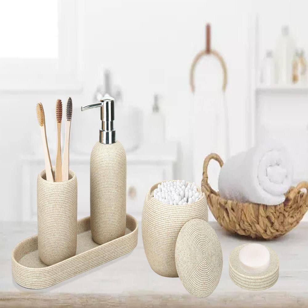 Dracelo 5-Piece Bathroom Accessory Set with Lotion Dispenser Soap Dish Toothbrush Holder Tray Qtip Holder Dispenser in Beige B0B6ZZVQ7G