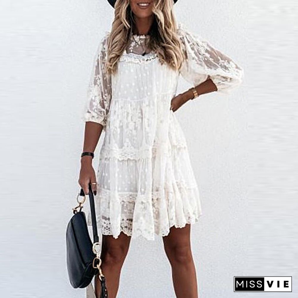 Women Elegant Lace Embroidery Party Dress Fashion Vintage Ruffle 3/4 Sleeve Dresses Ladies Sexy O-Neck Solid Sheer-Mesh Dress