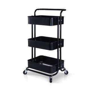 YOFE Heavy Duty Steel 3-Tier Rolling Cart with Wheels  Handle Home Office Storage Cart Utility Cart in Black CamyBK-GIFNCART171333B-cart01