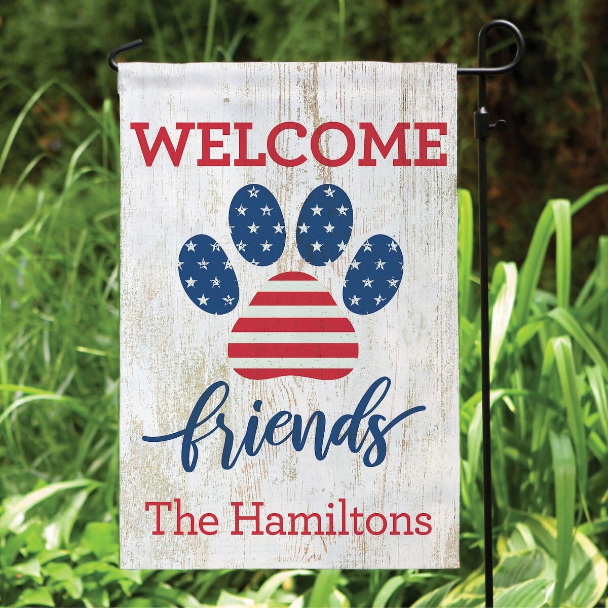 Custom Personalization Solutions Welcome Friends Patriotic Paw Print Personalized Garden Flag