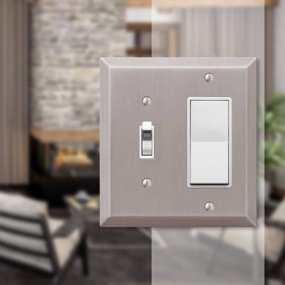 AMERELLE Metallic 2 Gang 1-Toggle and 1-Rocker Steel Wall Plate - Brushed Nickel 163TRBN