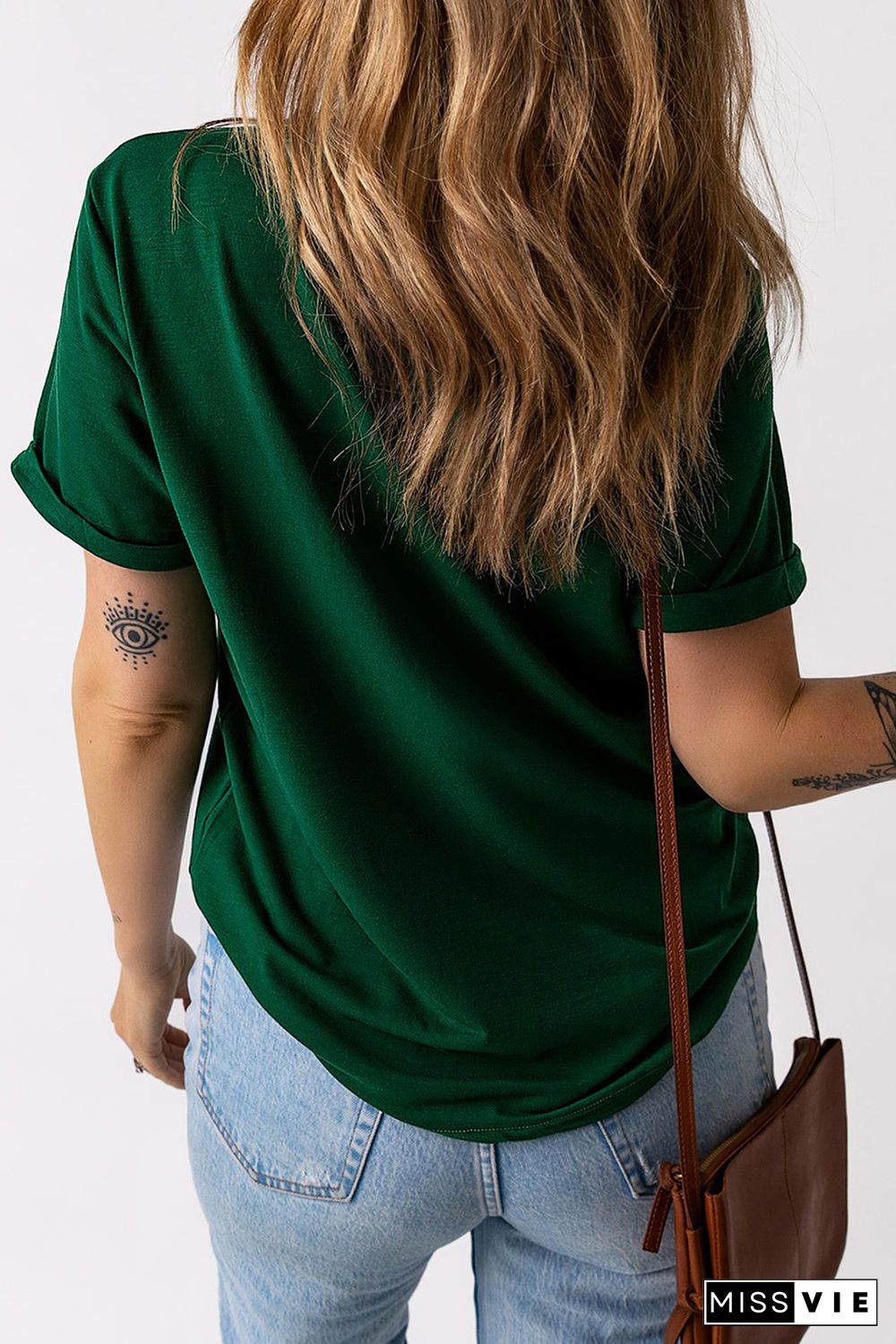 Green Solid Color Crew Neck Tee