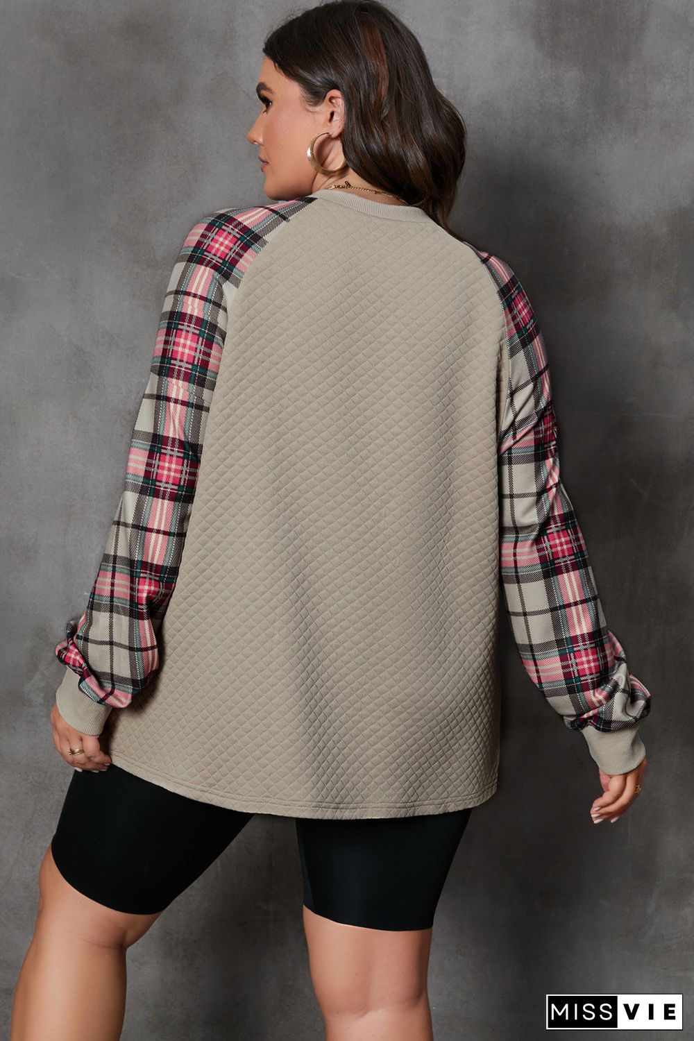 Apricot Plus Size Plaid Raglan Sleeve Crew Neck Sweatshirt