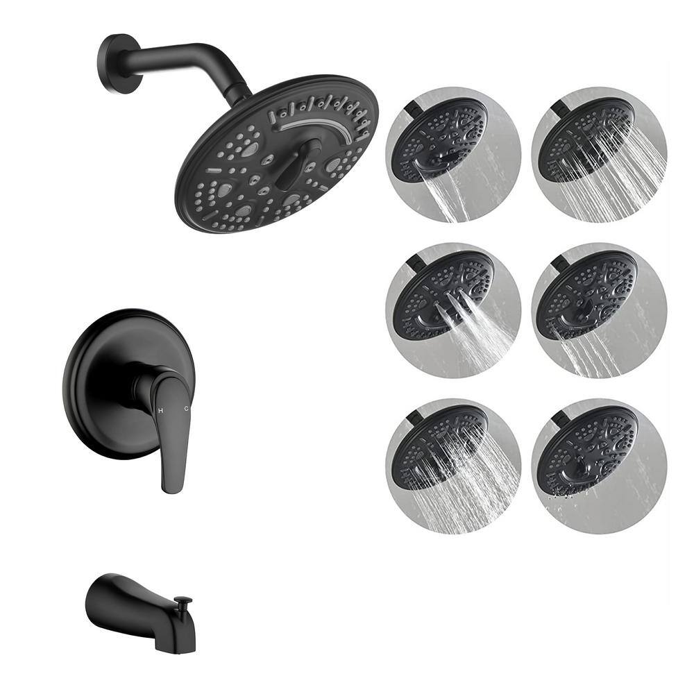 UKISHIRO One-handle 1.8 GPM 6-Spray Shower Head and Tub Faucet with Pop-up Diverter in Matte Black (Valve Included) SMDJEN8571112012