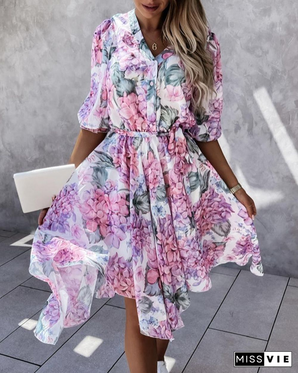 Allover Print Button Front Belted Frill Trim Asymmetrical Hem Midi Dress