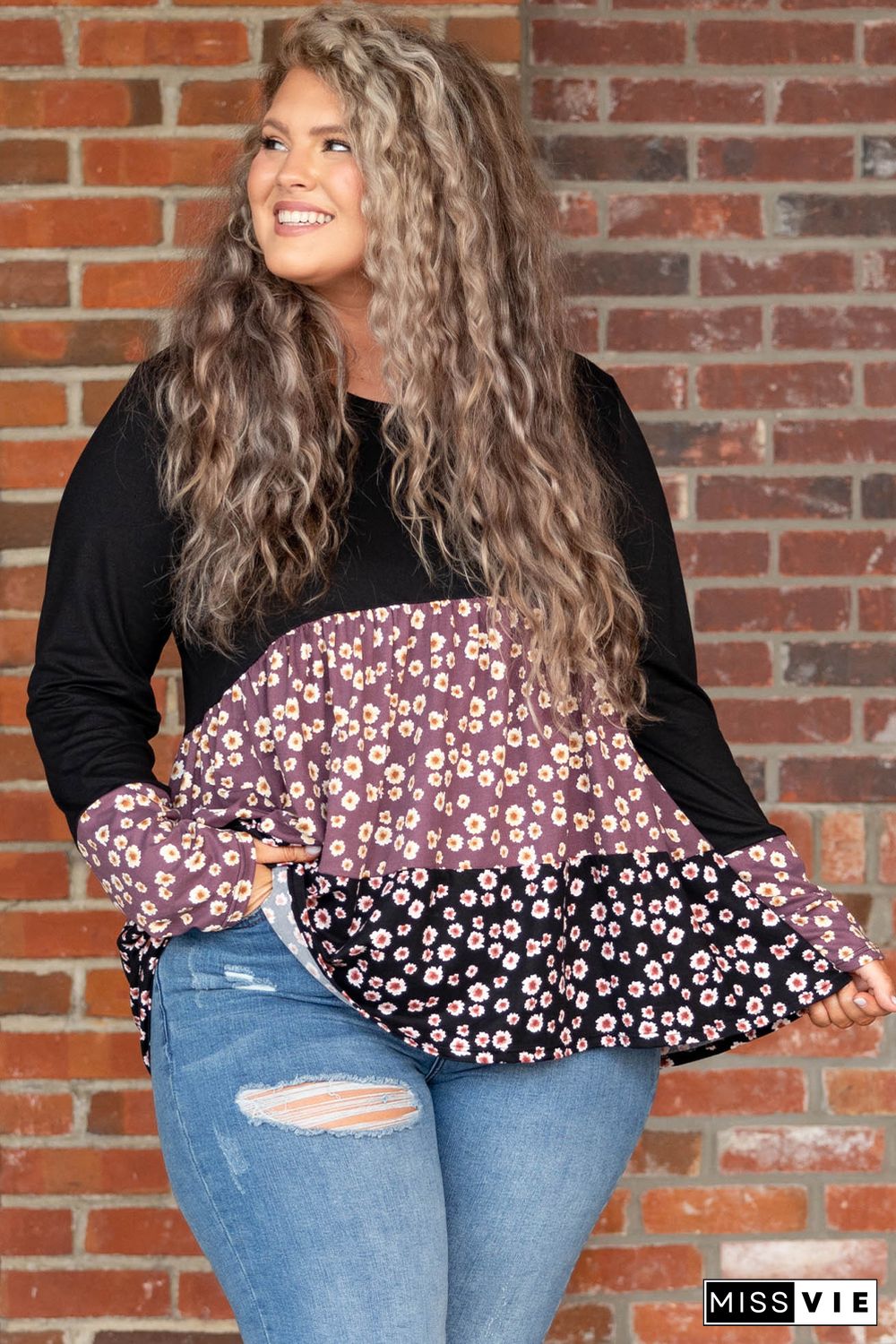 Black Floral Pattern Color Block Plus Size Pullover Top