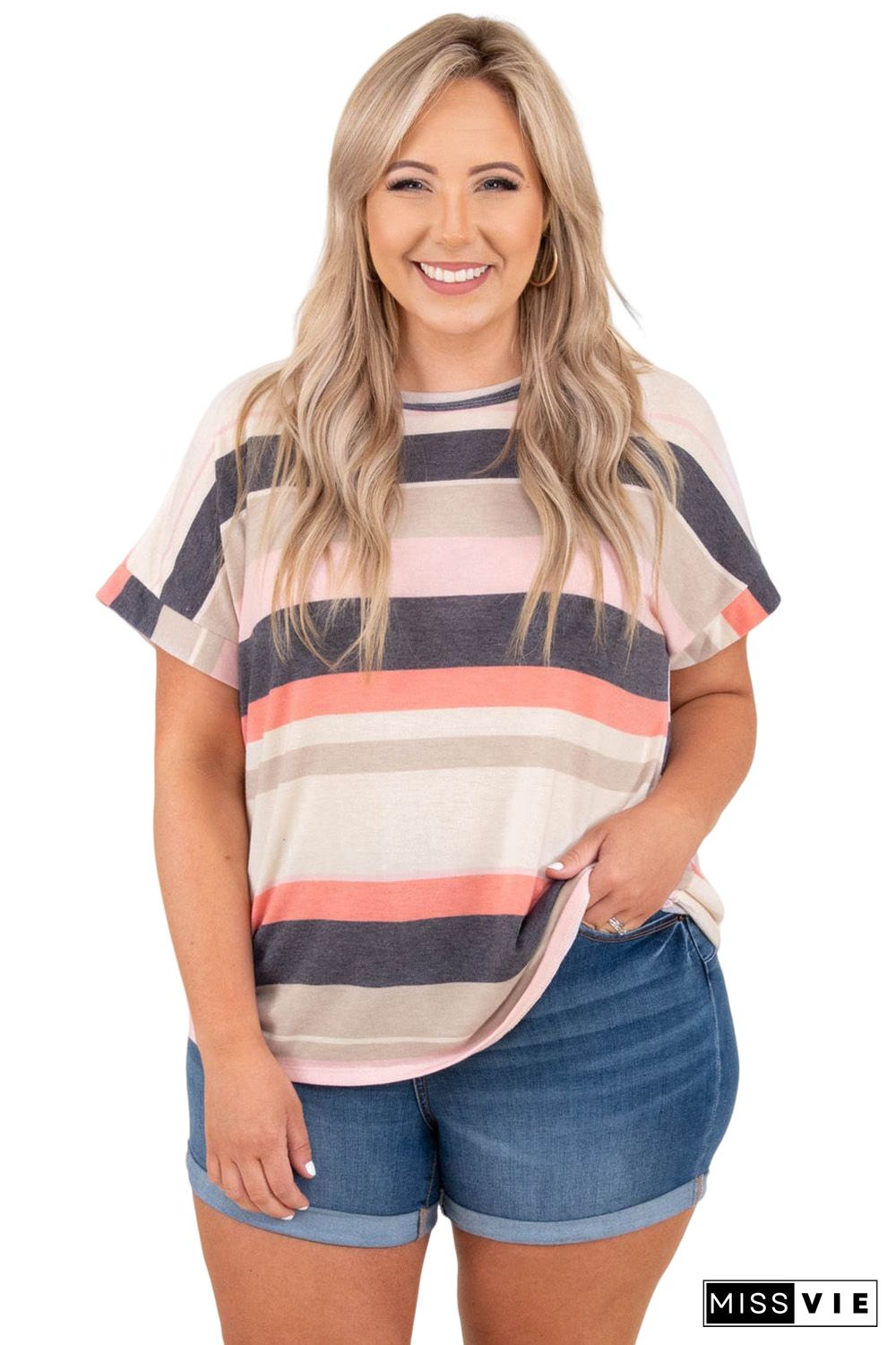 Plus Size Striped Colorblock Print T-shirt