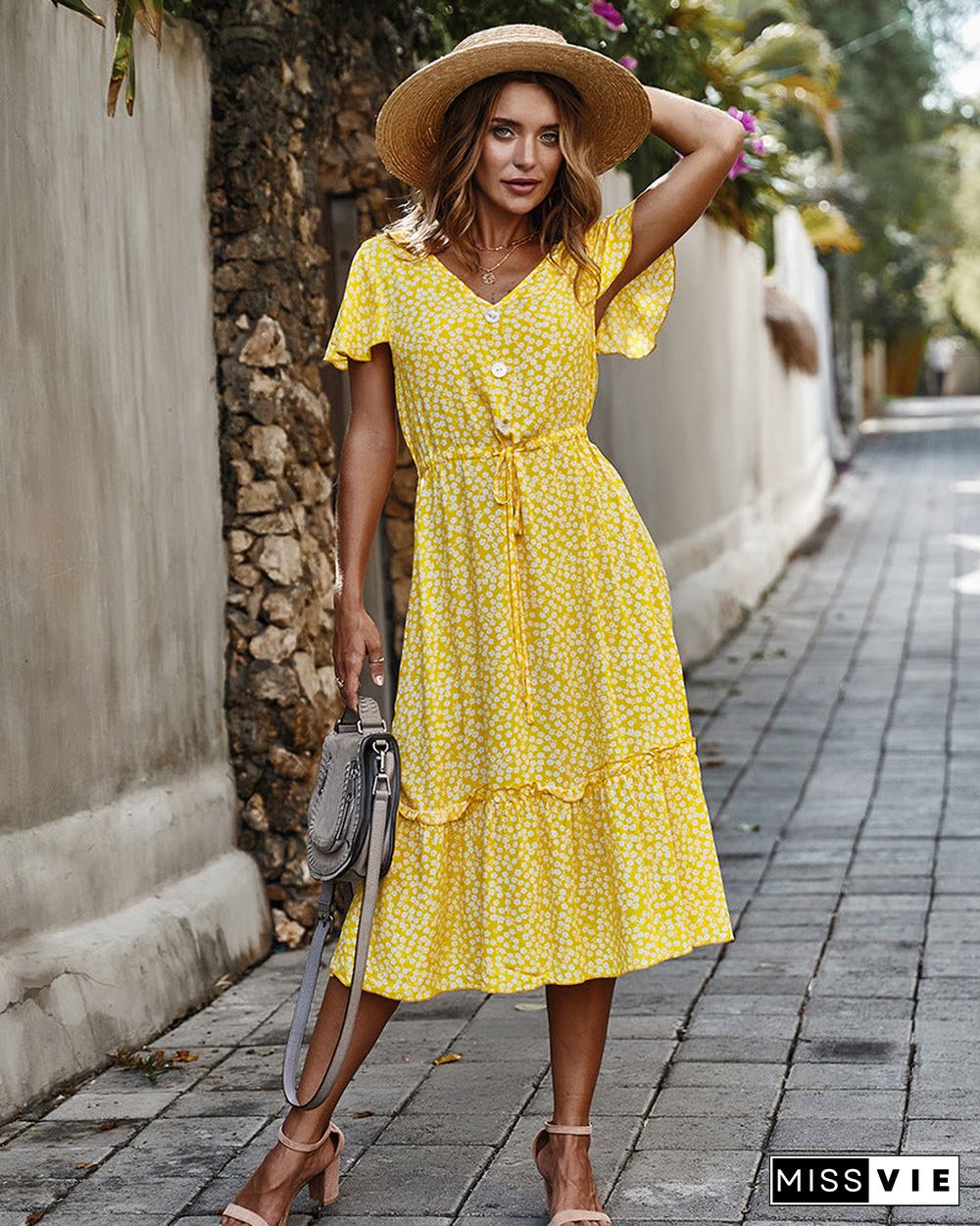 Floral V Neck Short Sleeve Long Dress