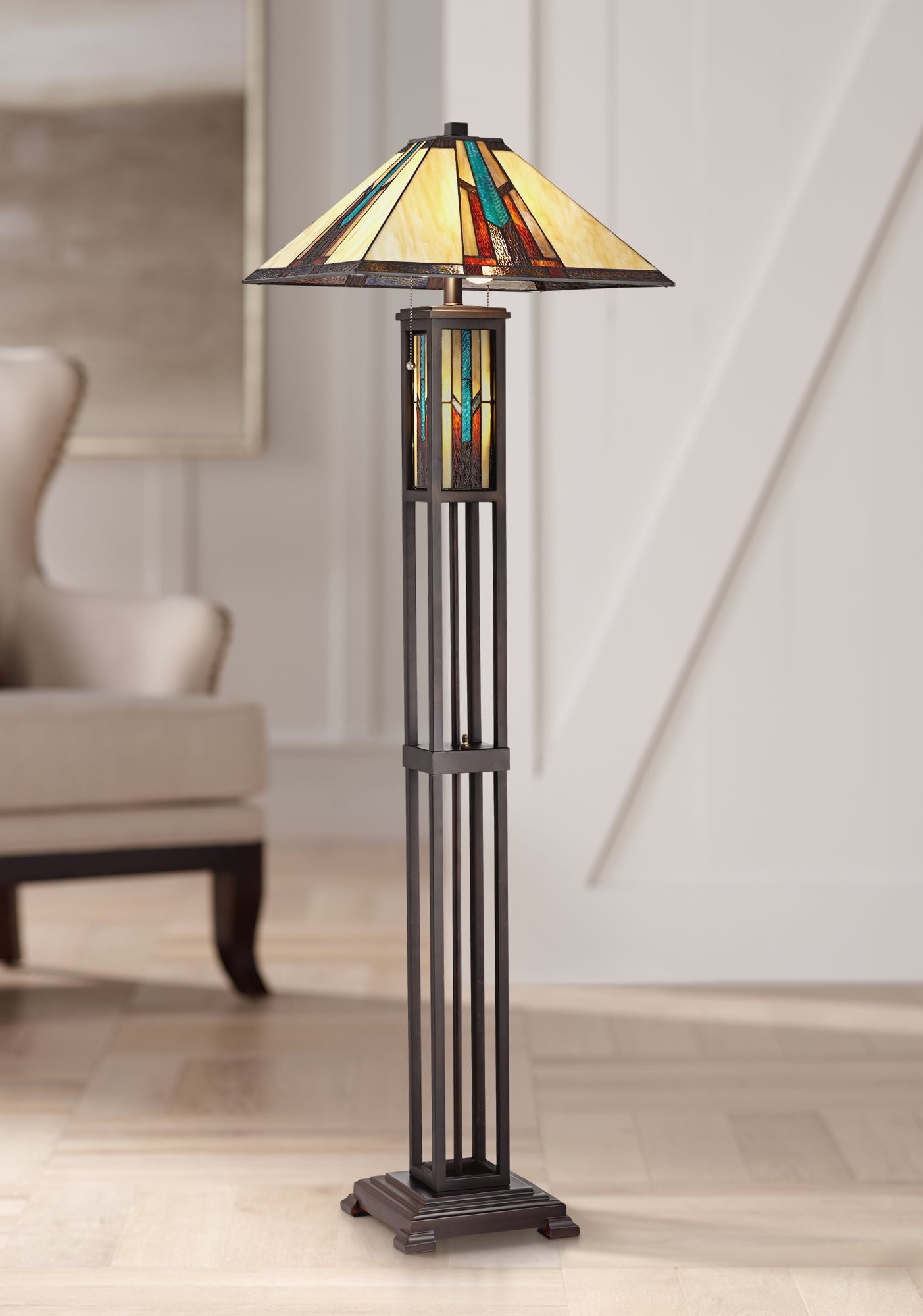 Robert Louis  Mission Floor Lamp with Nightlight LED 59.5" Tall Bronze Stained Art Glass Shade for Living Room Reading Bedroom Office