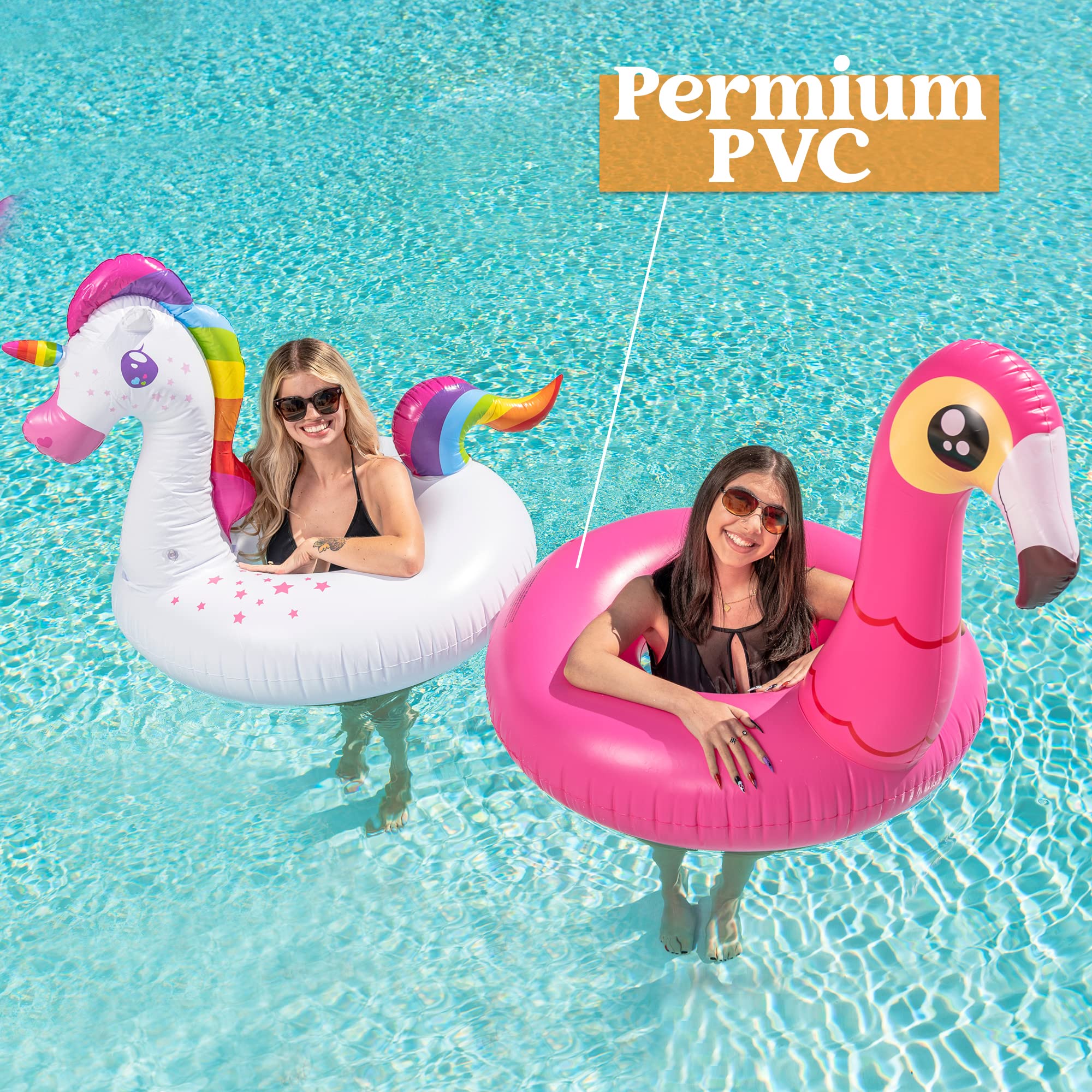 2 Pack Inflatable Flamingo and Unicorn Pool Float Fun Beach Floaties, Swim Party Toys, Summer Pool Raft Lounger for Adults & Kids (Inflates to Over 4ft. Wide)