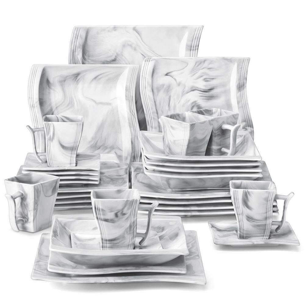 MALACASA Flora 30-Piece Marble Gray Porcelain Dinnerware Set with Dinner Plates Cup and Saucer Set (Service for 6) FLORA-30-GREY