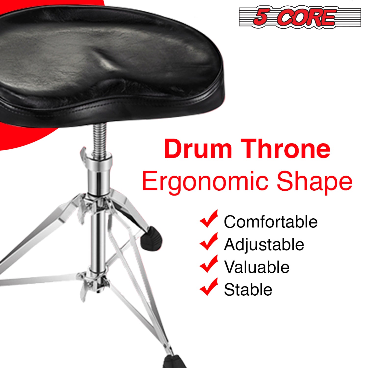 5 Core Drum Throne Saddle Black| Heavy Duty Height Adjustable Padded Comfortable Drum Seat| Stools Chair  Style with Double Braced Anti-Slip Feet and Two Drumsticks for Adults Drummers- DS CH BLK SDL HD