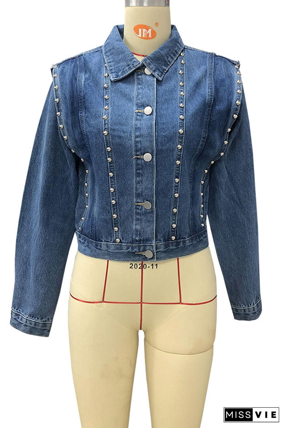 Turn Down Collar Beading Button Closure Denim Jacket Women Wholesale