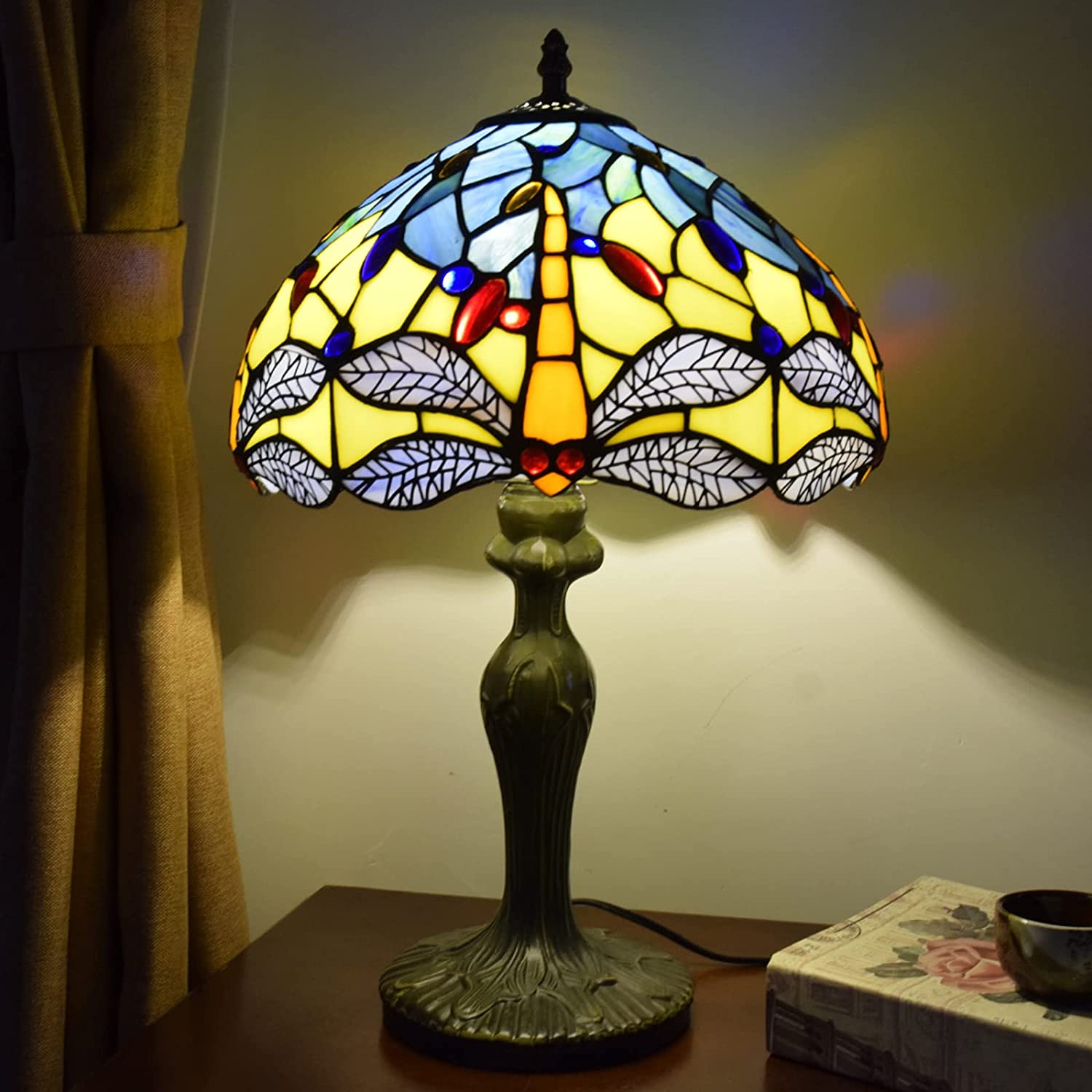 SHADY  Lamp Stained Glass Lamp Yellow Blue Dragonfly Bedroom Table Lamp Reading Desk Light for Bedside Living Room Office Dormitory Dining Room Decorate  12x12x18 Include Light Bul