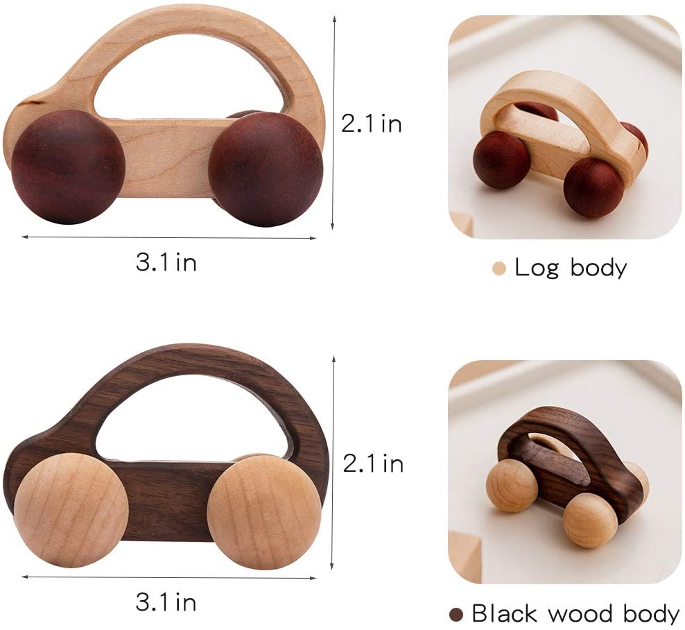 Organic Baby Push Car Wooden Toys 2pc Wood Car and Fine Movement Development and Infant Grasping Montessori Toys