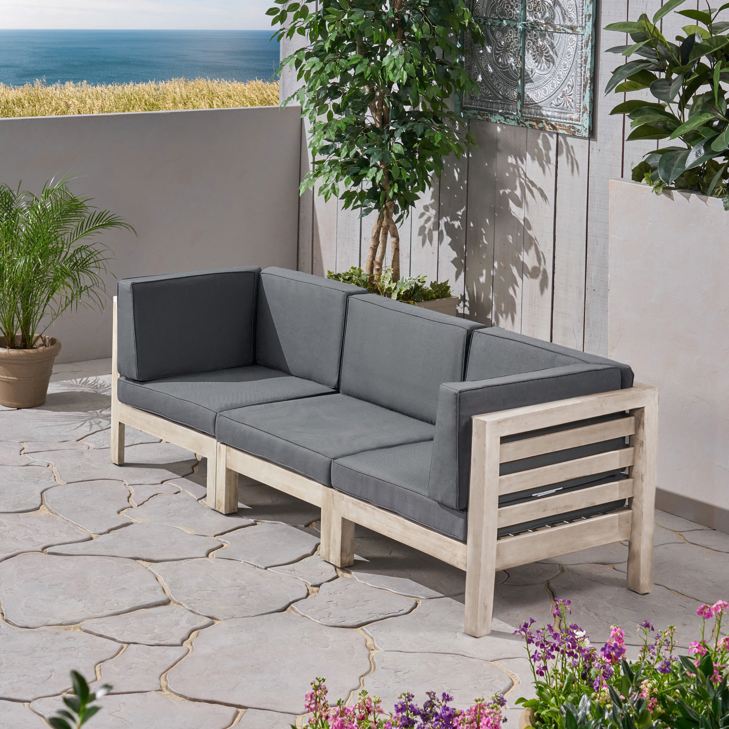 Dawson Outdoor Sectional Sofa Set - 3-Seater - Acacia Wood - Outdoor Cushions