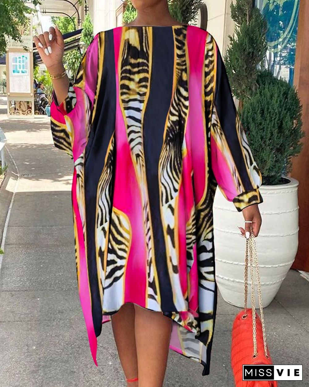 Animal Print Long Sleeve Loose High Low Dress