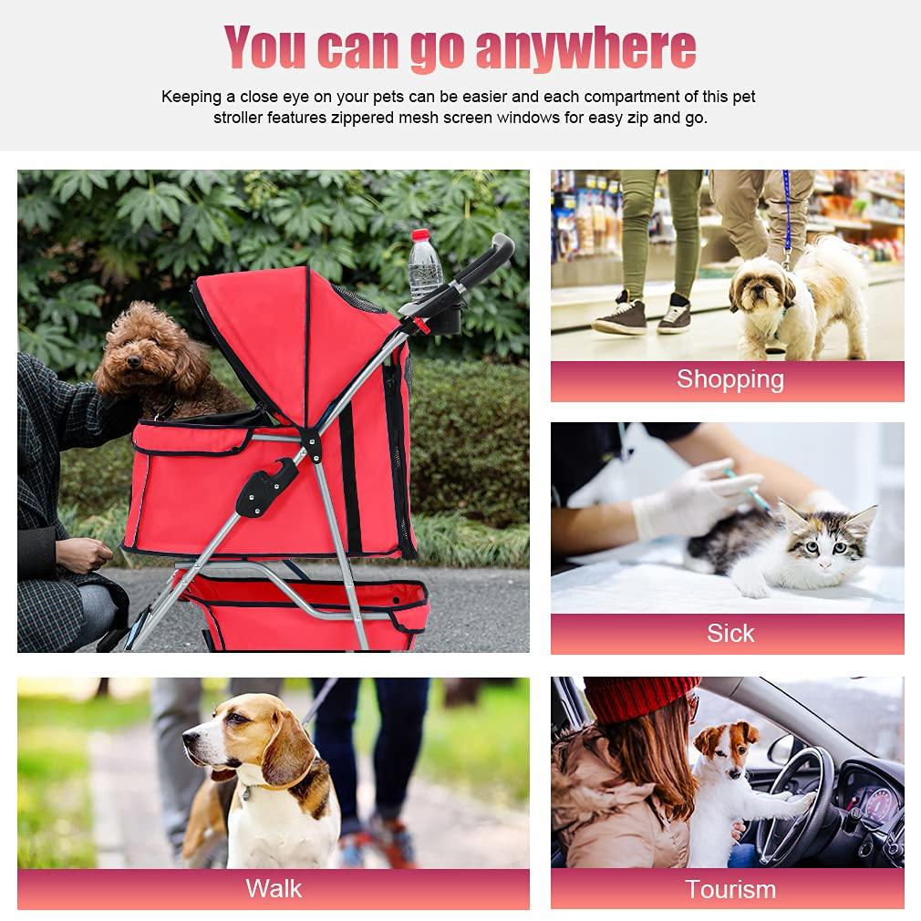 YRLLENSDAN Pet Gear Dog Stroller Small Dogs， Folding Cat Stroller with Cup Holders 4 Wheel Pet Strollers for Small Dogs Puppy Stroller Travel Carrier Dog Stroller for Medium Dogs， Red