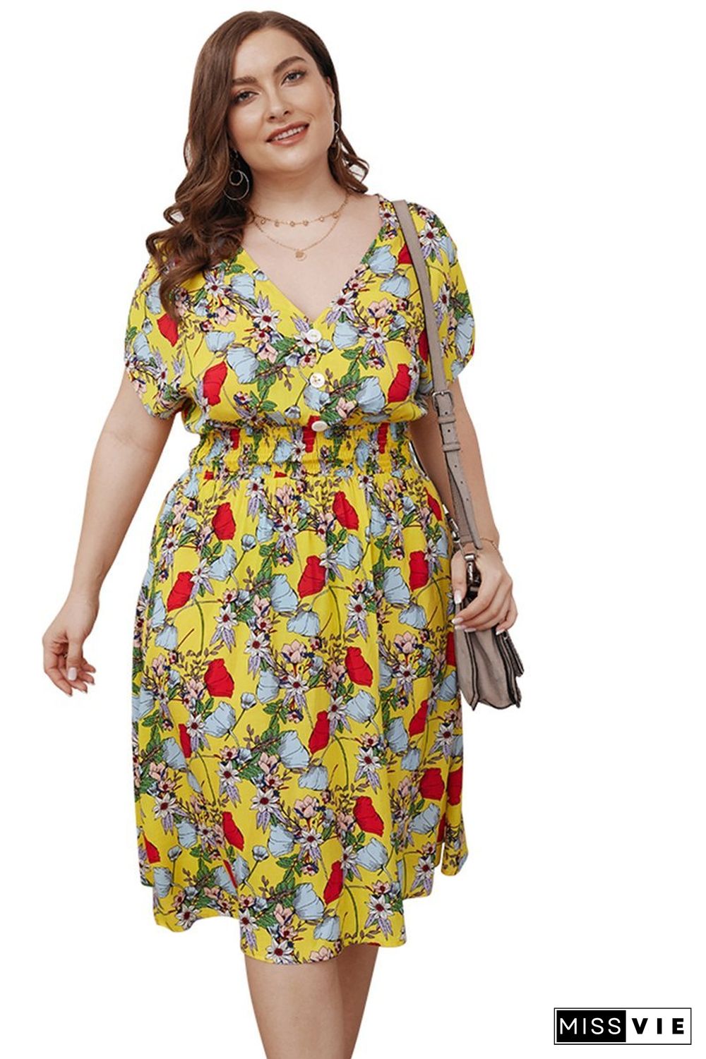 Yellow Floral-print Midi Dress P16438