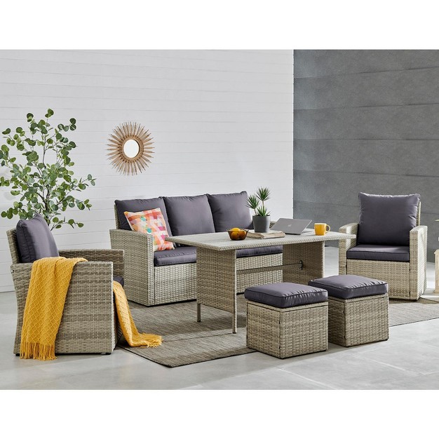 Barton 6 Pcs Patio Dining Set Rattan Wicker Set With Wood Grain Top Table Grey